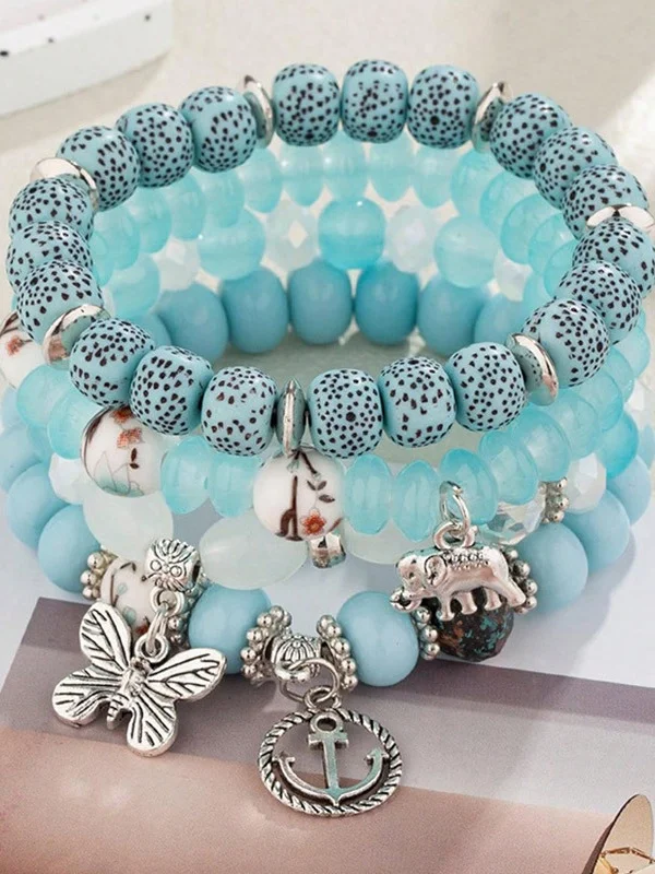 Bohemian Anchor Elephant Butterfly Multi-layer Beaded Elastic Bracelet
