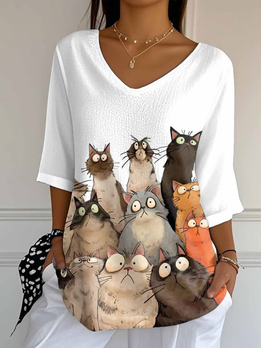 Casual Animal V Neck Three Quarter Sleeve T-shirt