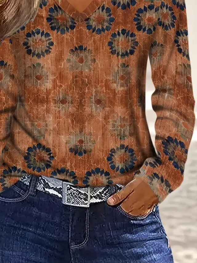 Casual Abstract V Neck Long Sleeve T-shirt