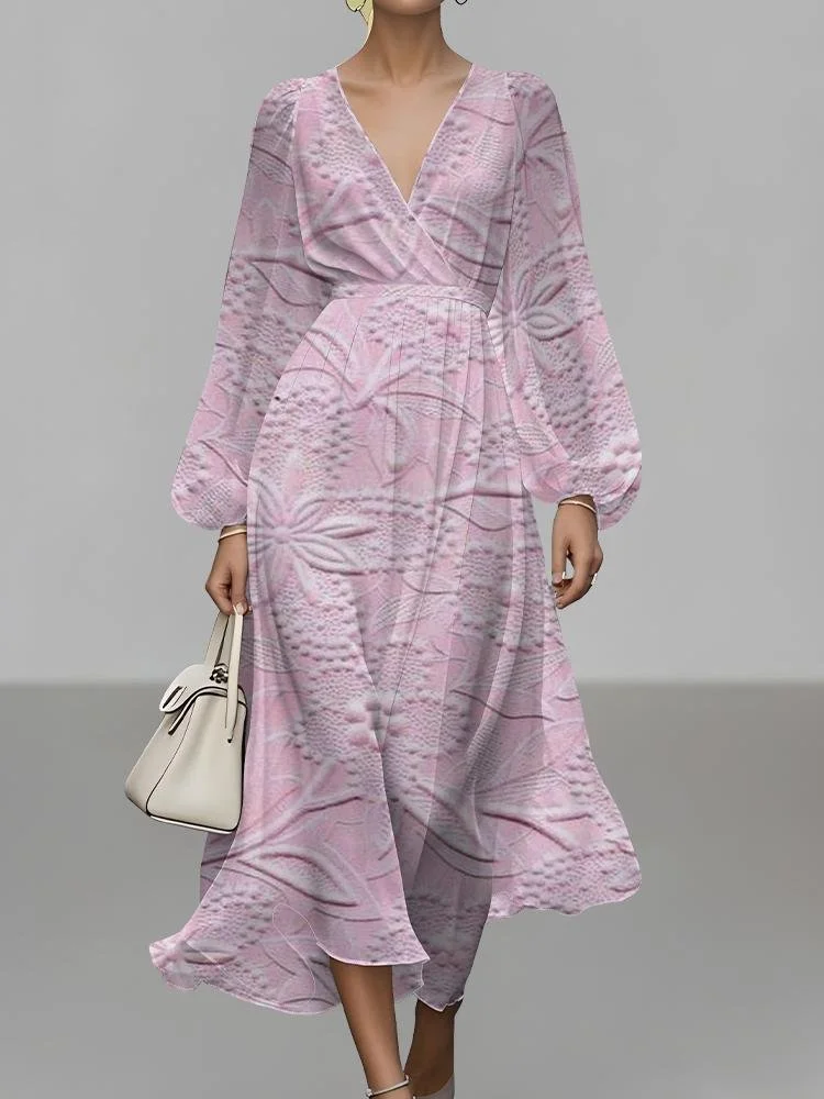 Women Floral Puff Sleeve Spring/Fall Dress V Neck Long Sleeve A-Line Dress