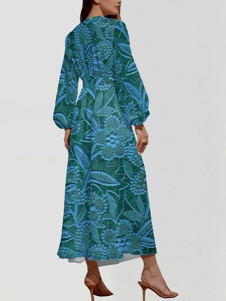 Women Floral Puff Sleeve Spring/Fall Dress V Neck Long Sleeve A-Line Dress