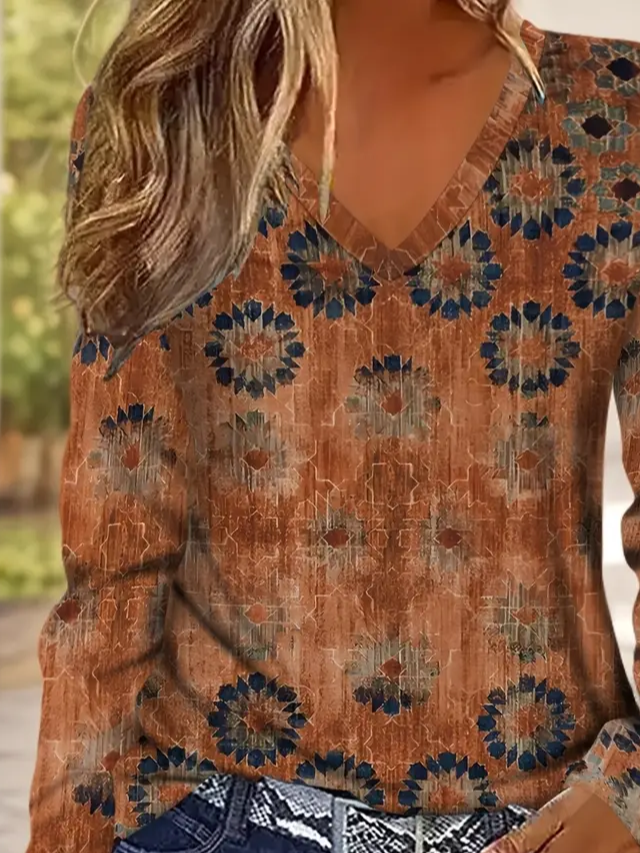 Casual Abstract V Neck Long Sleeve T-shirt