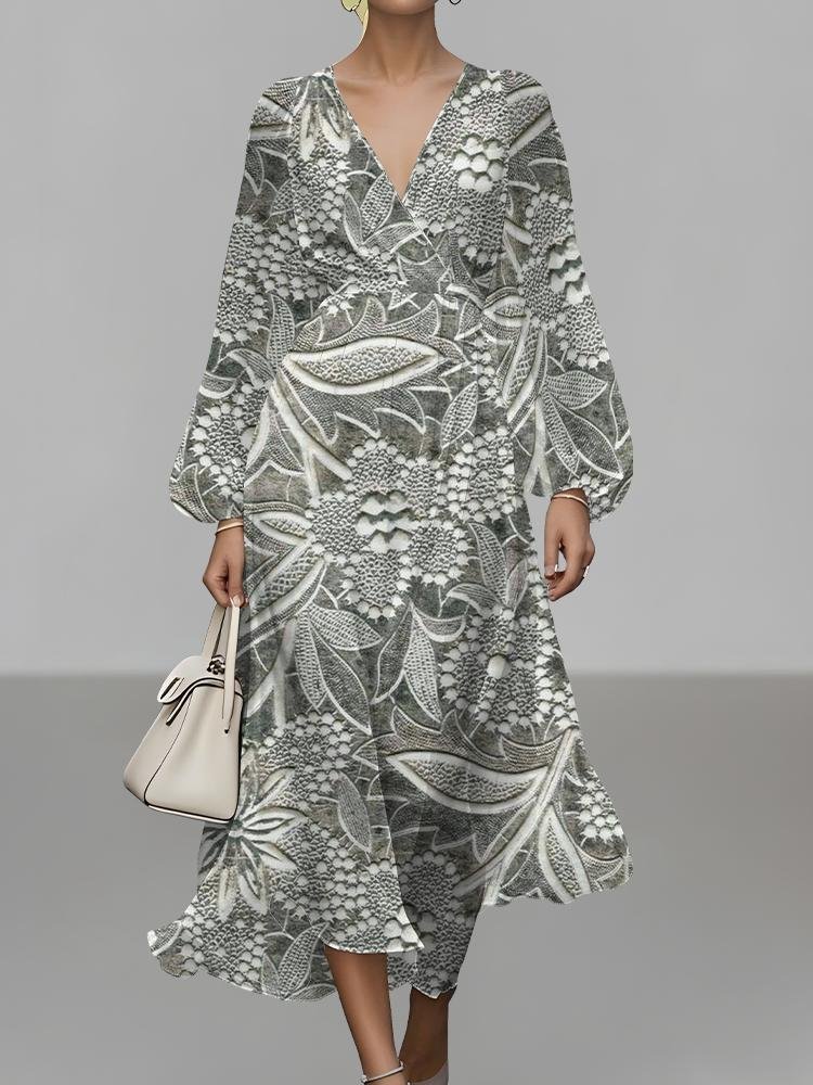 Women Floral Puff Sleeve Spring/Fall Dress V Neck Long Sleeve A-Line Dress