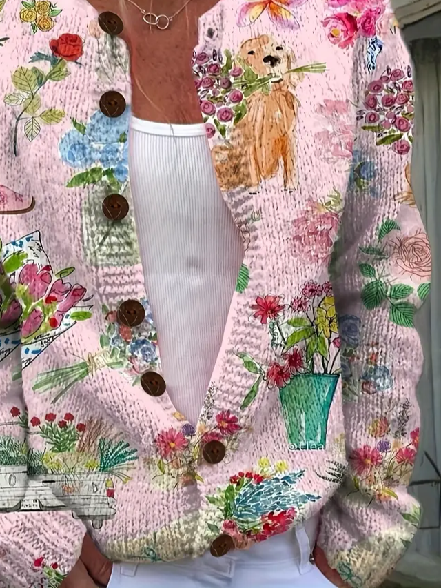 Women 3D Floral Print Long Sleeve Comfy Vintage Cardigan
