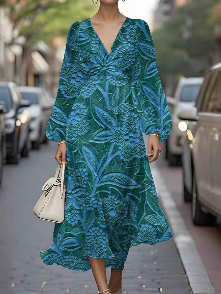 Women Floral Puff Sleeve Spring/Fall Dress V Neck Long Sleeve A-Line Dress