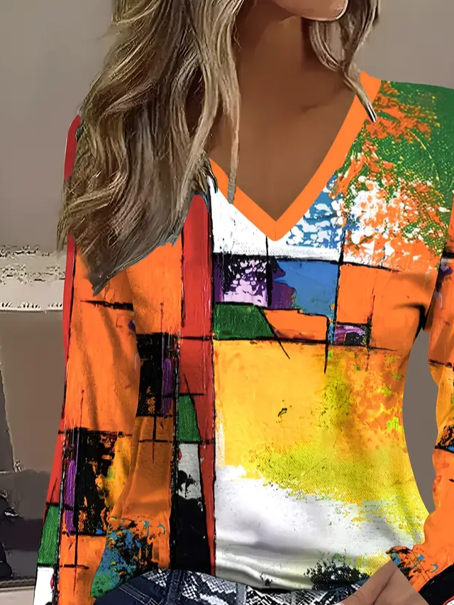 Casual Abstract V Neck Long Sleeve T-shirt