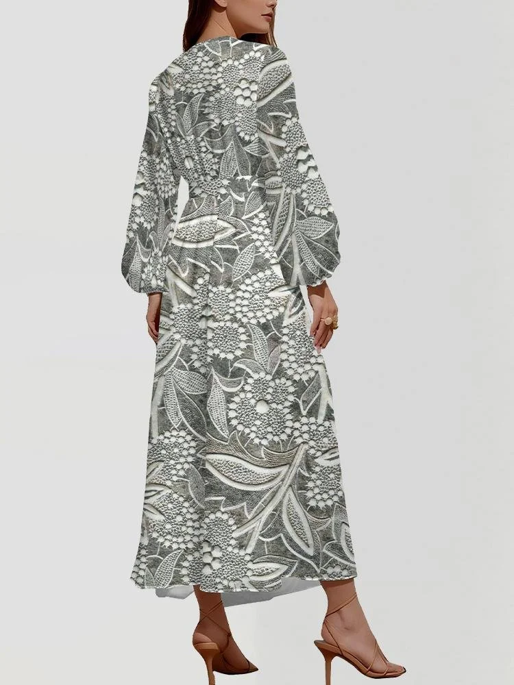 Women Floral Puff Sleeve Spring/Fall Dress V Neck Long Sleeve A-Line Dress