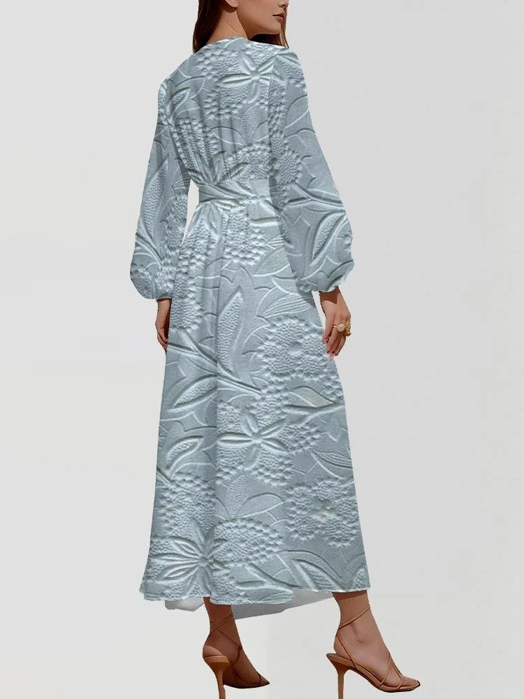 Women Floral Puff Sleeve Spring/Fall Dress V Neck Long Sleeve A-Line Dress