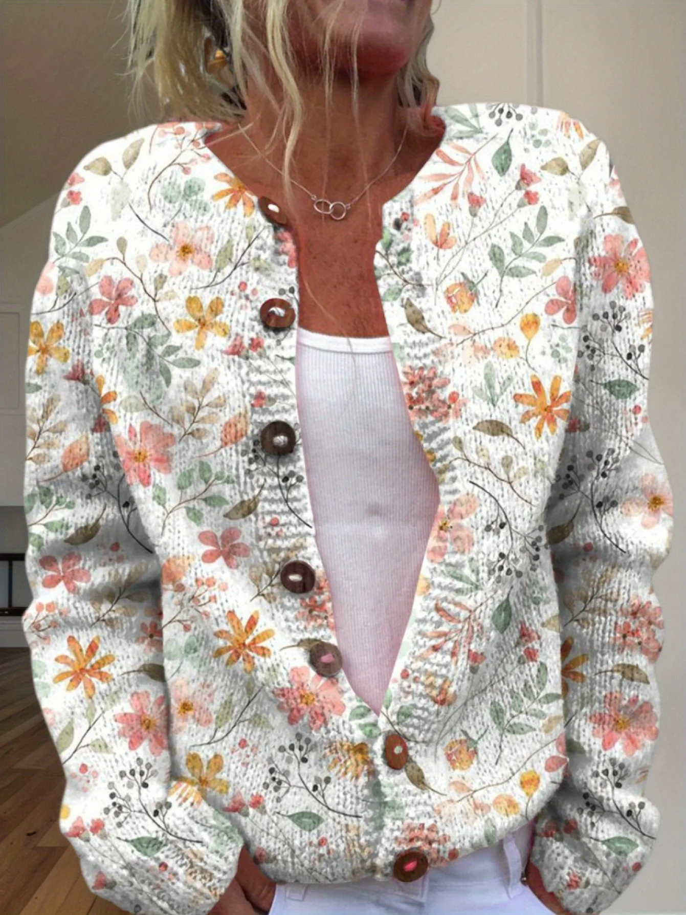 Women Knitted 3D Printing Long Sleeve Comfy Vintage Cardigan