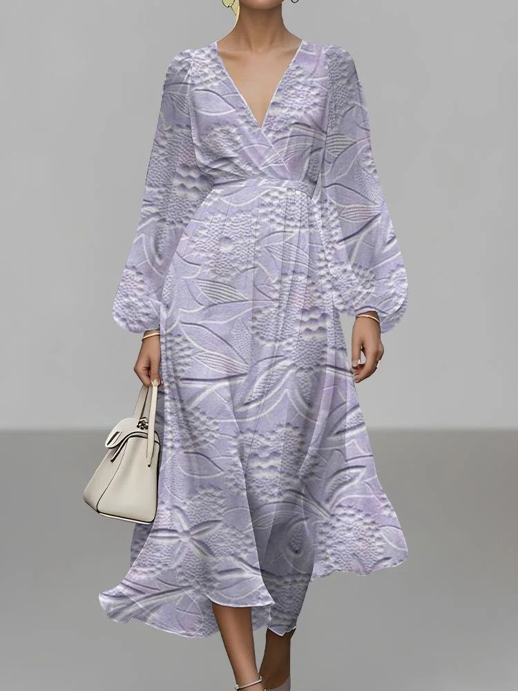 Women Floral Puff Sleeve Spring/Fall Dress V Neck Long Sleeve A-Line Dress