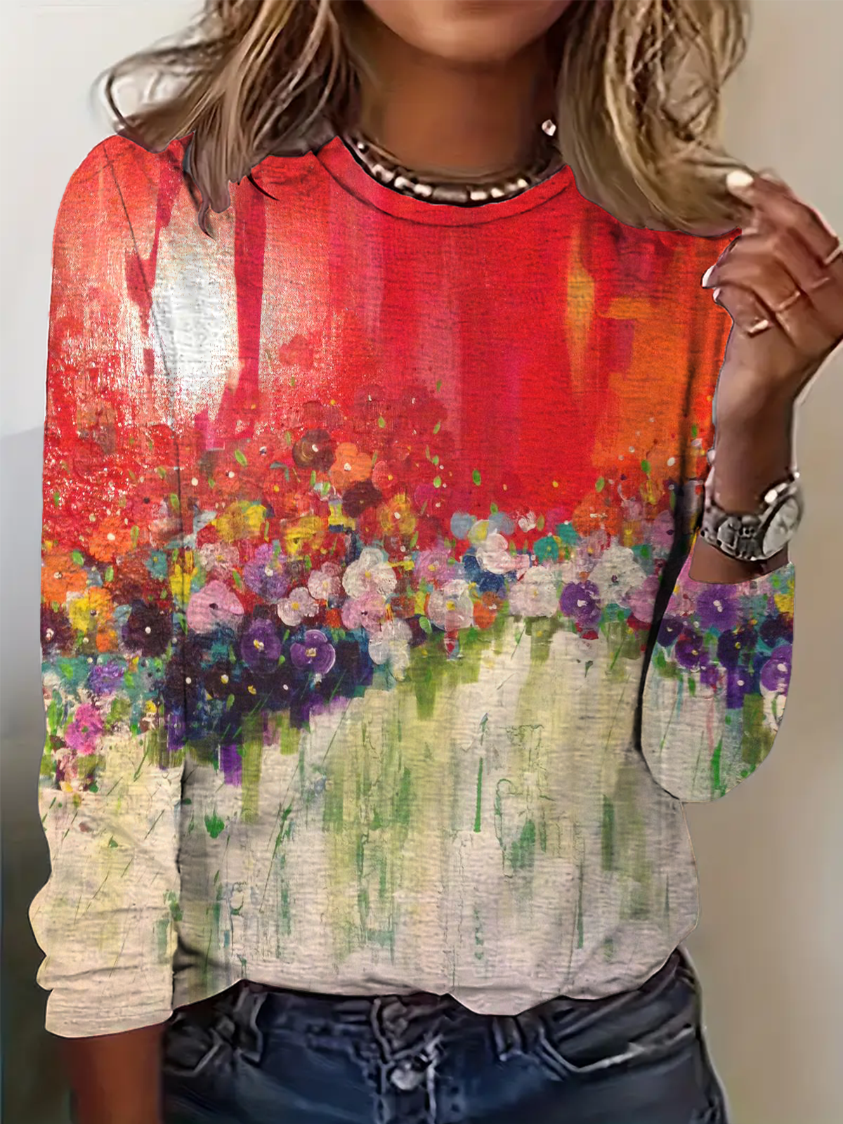 Vintage Floral Crew Neck Long Sleeve T-shirt