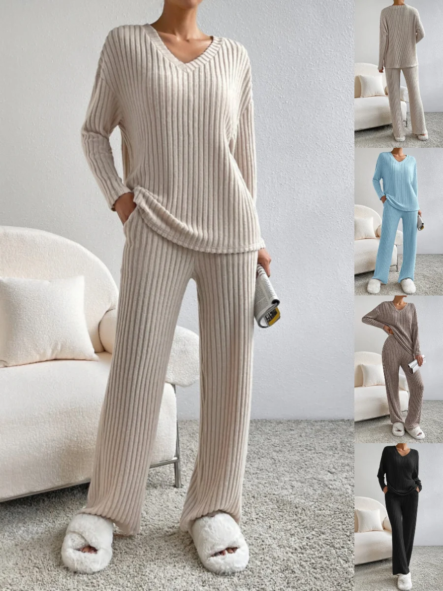 Women Plain Embossed Two-Piece Set Daily Long Sleeve Casual Spring/Fall Top With Pants Matching Set