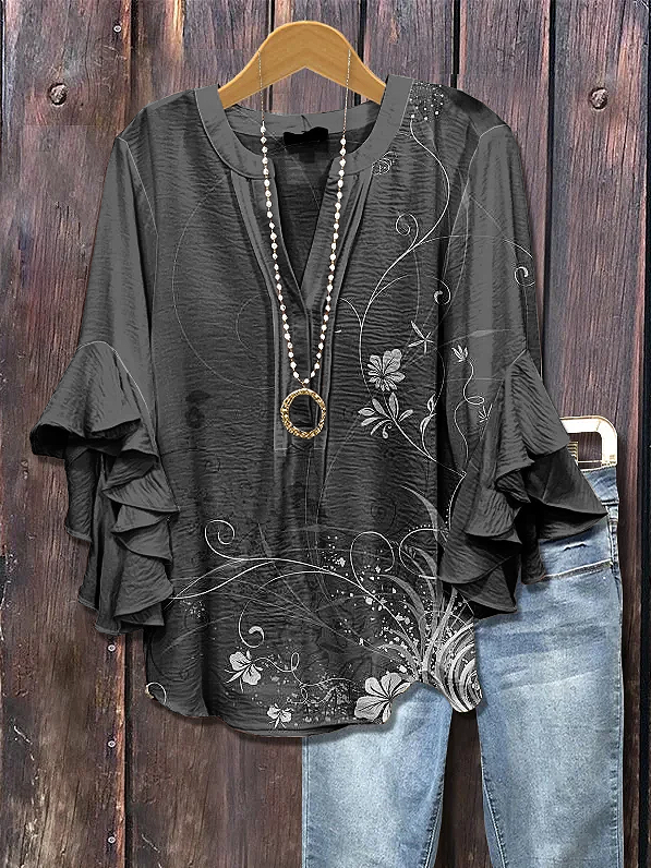 V Neck Half Sleeve Floral Printing Regular Loose Shirt For Women