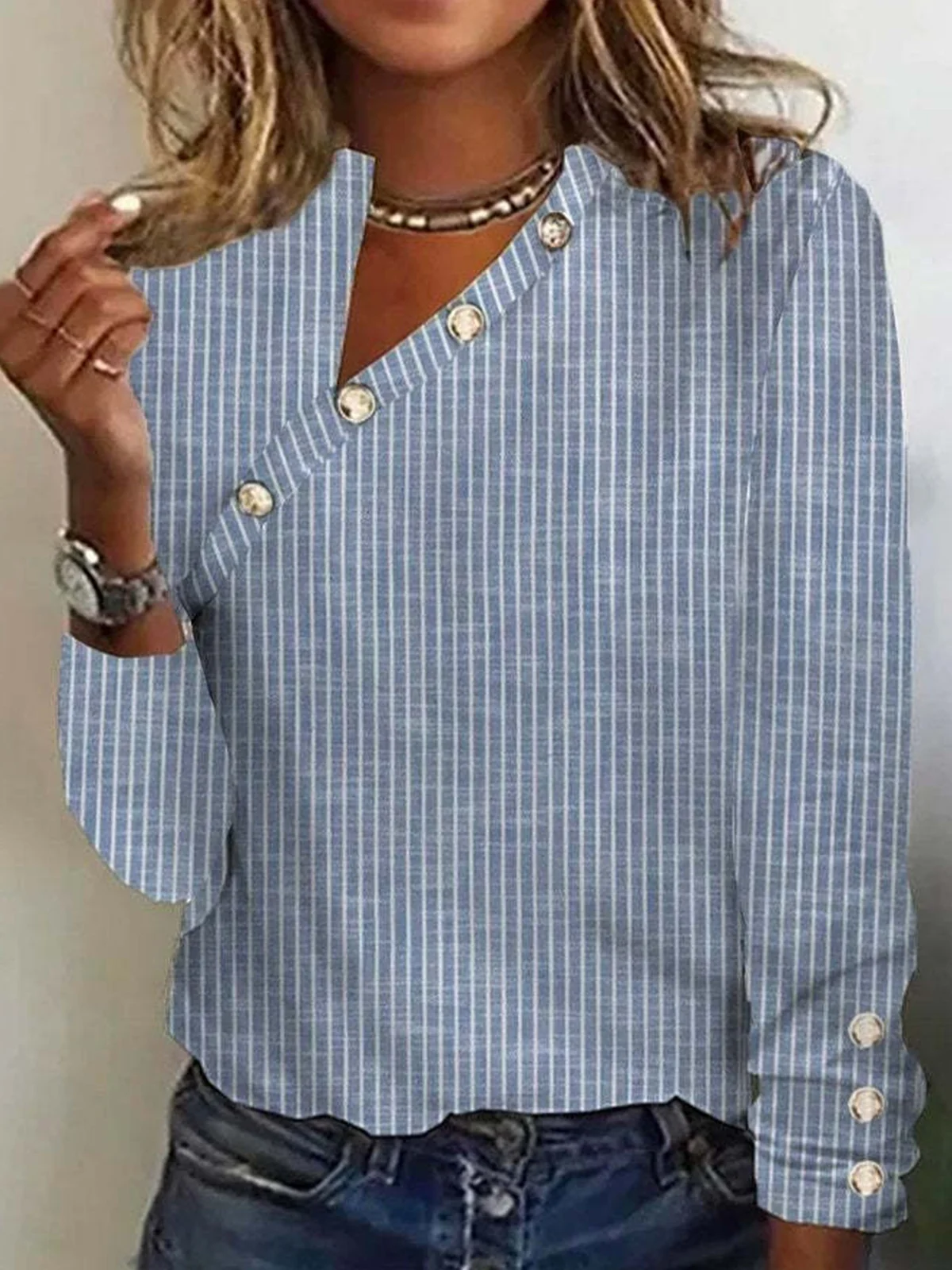 Asymmetrical Long Sleeve Striped Pullover Buttoned Lightweight Regular Fit Blouse For Women