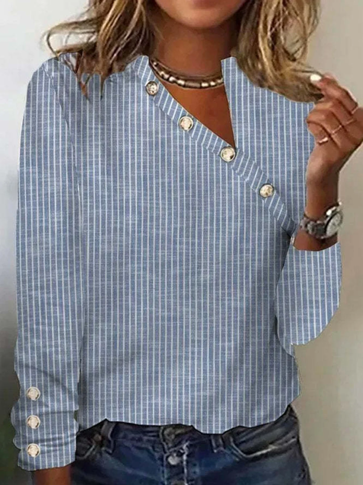 Asymmetrical Long Sleeve Striped Pullover Buttoned Lightweight Regular Fit Blouse For Women