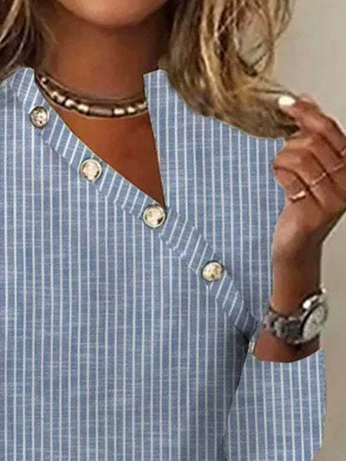 Asymmetrical Long Sleeve Striped Pullover Buttoned Lightweight Regular Fit Blouse For Women