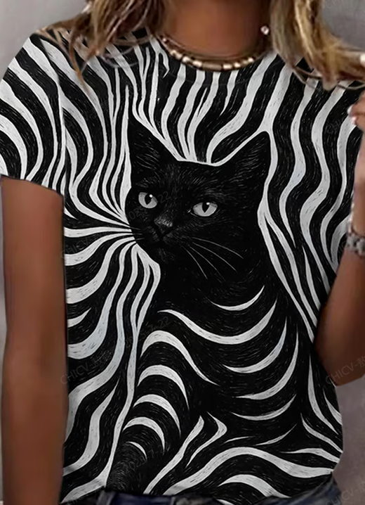 Simple Cat Crew Neck Short Sleeve T-shirt