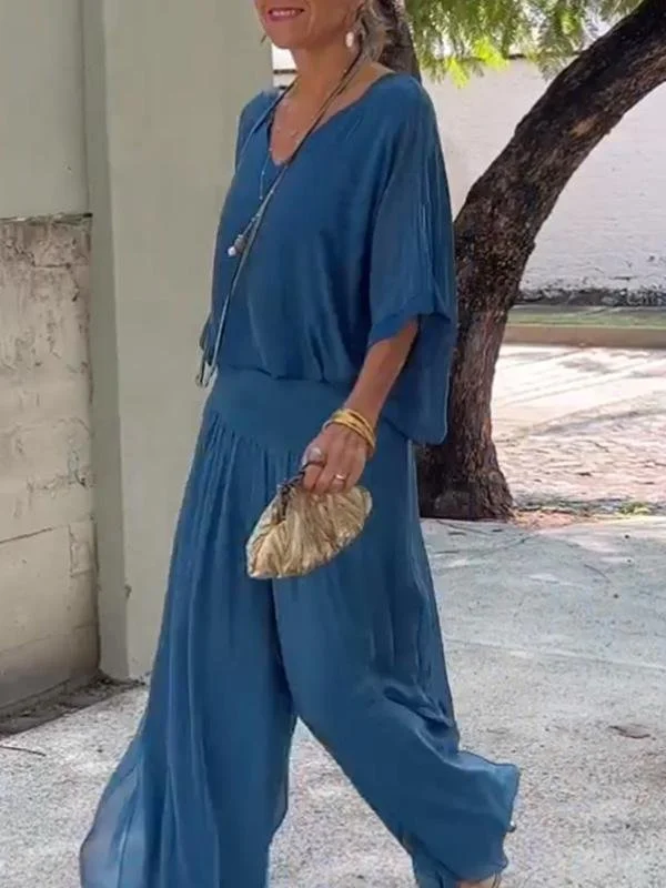 Women Plain Split Joint Two-Piece Set Daily Half Sleeve Casual Summer Top With Pants Matching Set