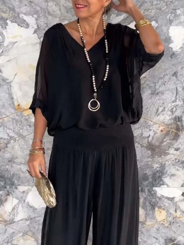 Women Plain Split Joint Two-Piece Set Daily Half Sleeve Casual Summer Top With Pants Matching Set