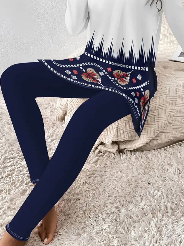 Women Floral Printing Two-Piece Set Daily Long Sleeve Casual Spring/Fall Top With Pants Matching Set