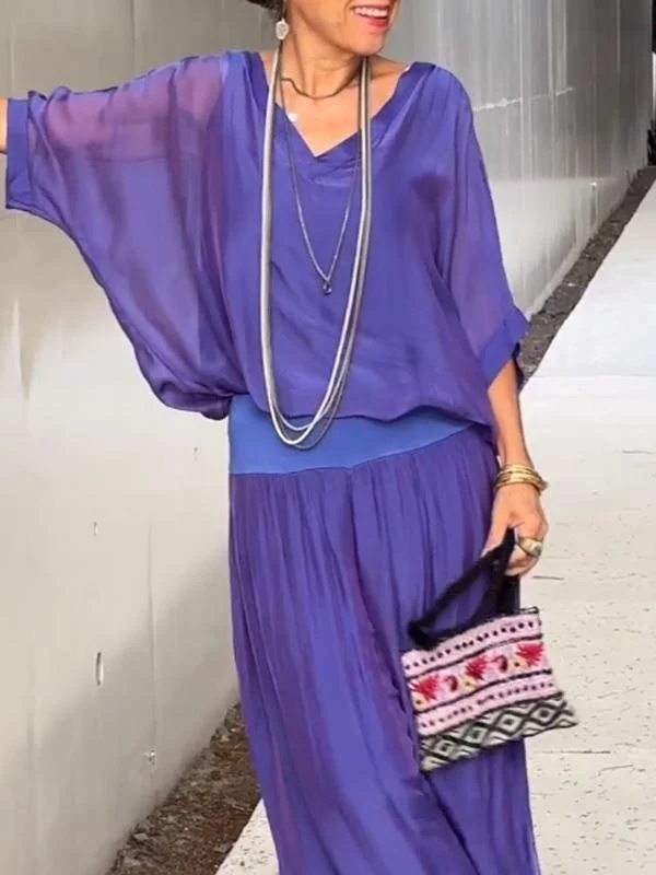 Women Plain Split Joint Two-Piece Set Daily Half Sleeve Casual Summer Top With Pants Matching Set