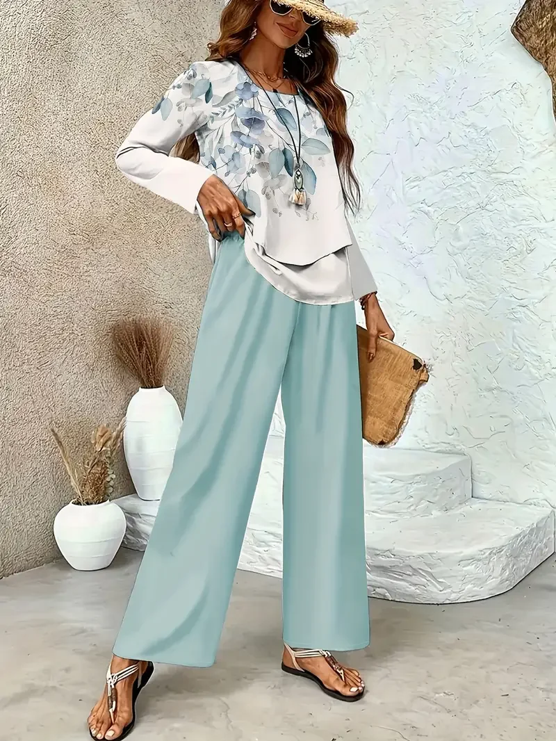 Women Floral Printing Two-Piece Set Daily Long Sleeve Casual Spring/Fall Top With Pants Matching Set