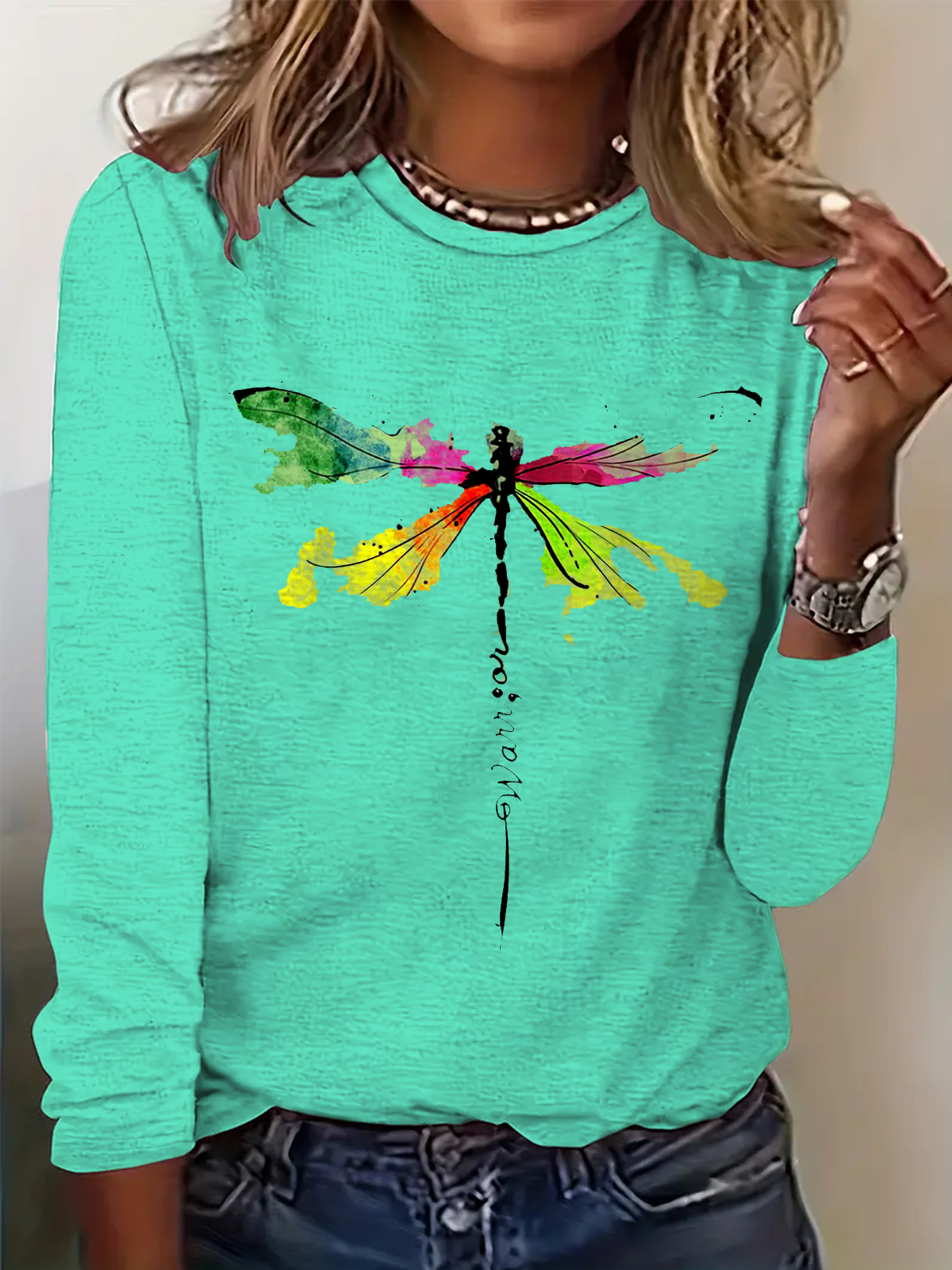 Casual Dragonfly Crew Neck Long Sleeve T-shirt
