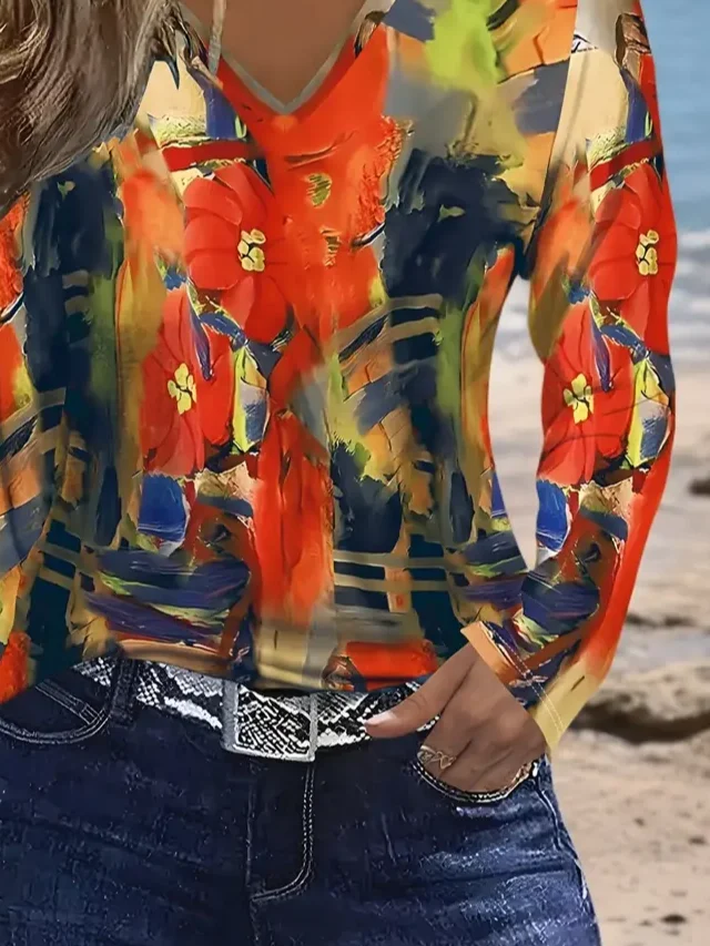 Casual Abstract V Neck Long Sleeve T-shirt