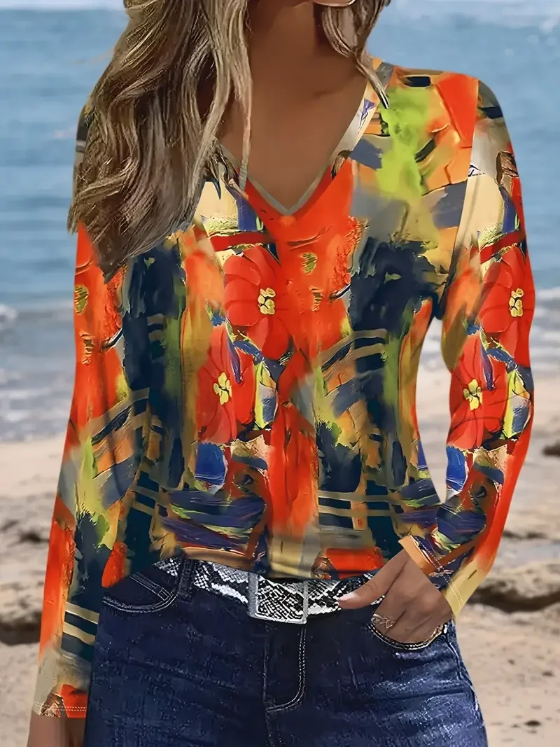 Casual Abstract V Neck Long Sleeve T-shirt