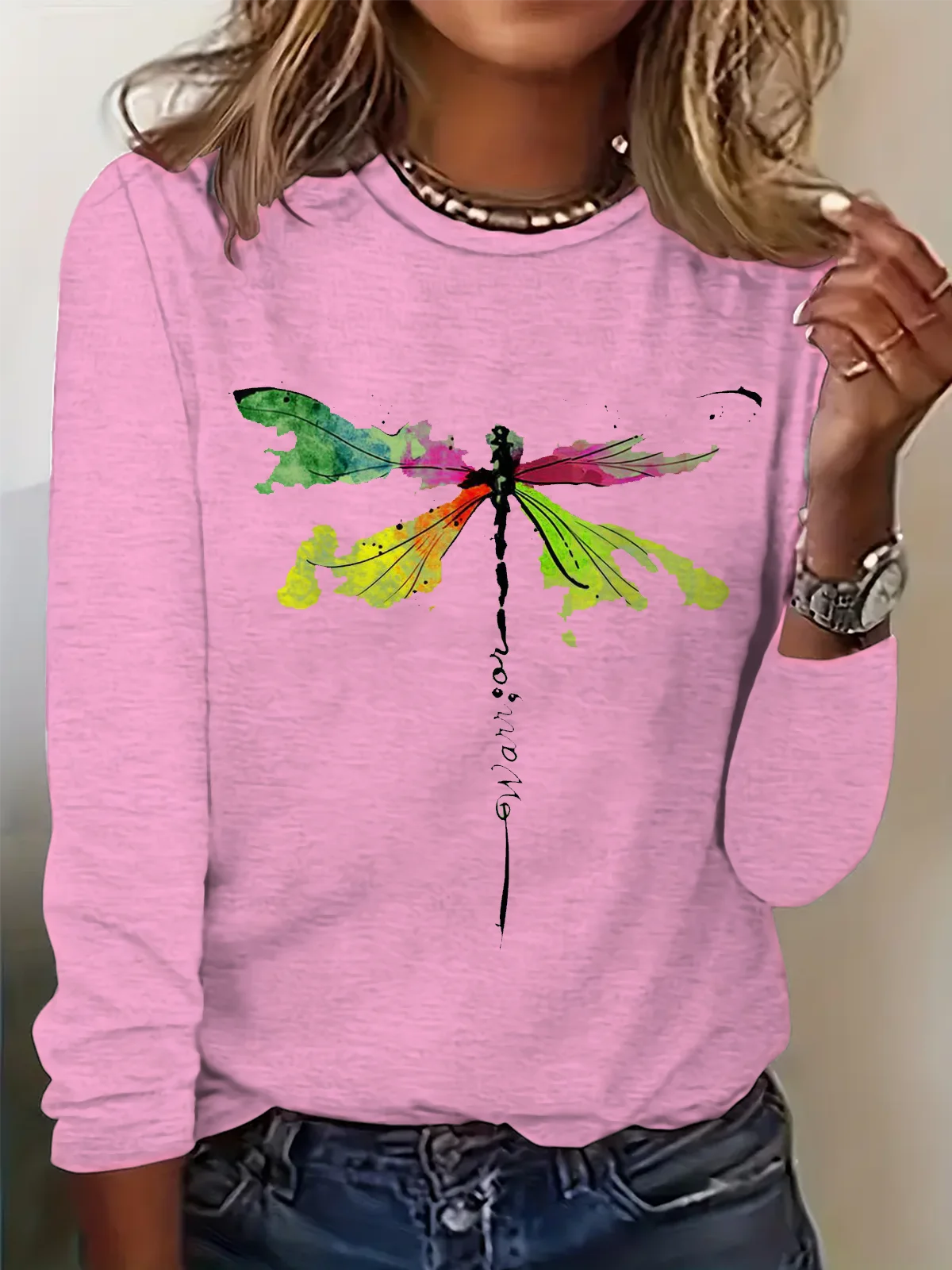 Casual Dragonfly Crew Neck Long Sleeve T-shirt