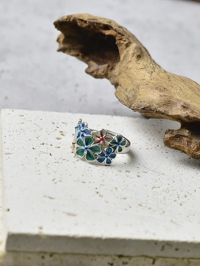 Exquisite Open Enamel Creative Retro Color Flower Ring Ethnic Style Classical Open Adjustable Ring