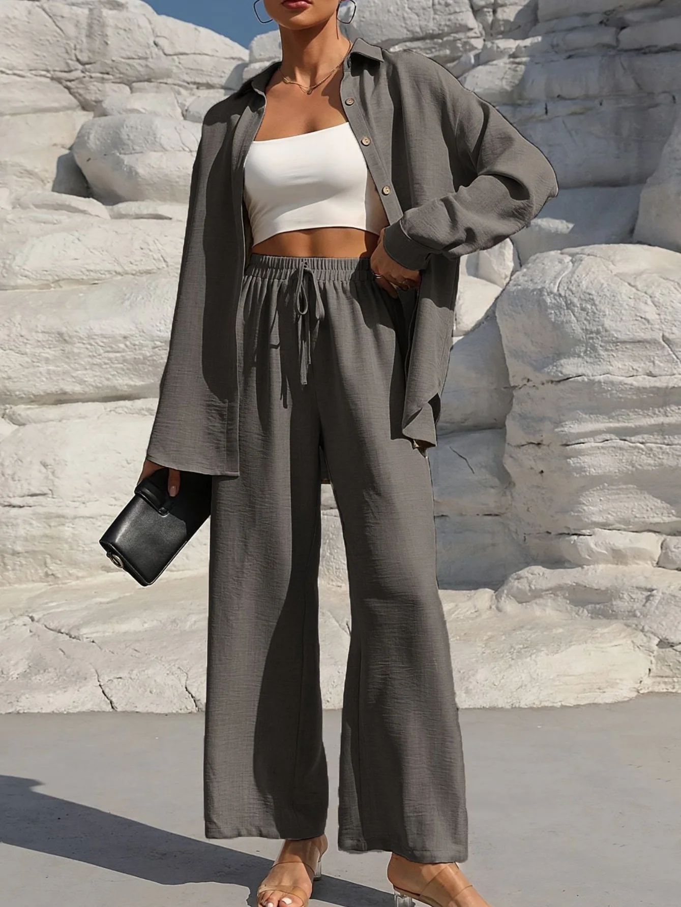 Women Plain Split Joint Two-Piece Set Daily Long Sleeve Casual Spring/Fall Top With Pants Matching Set