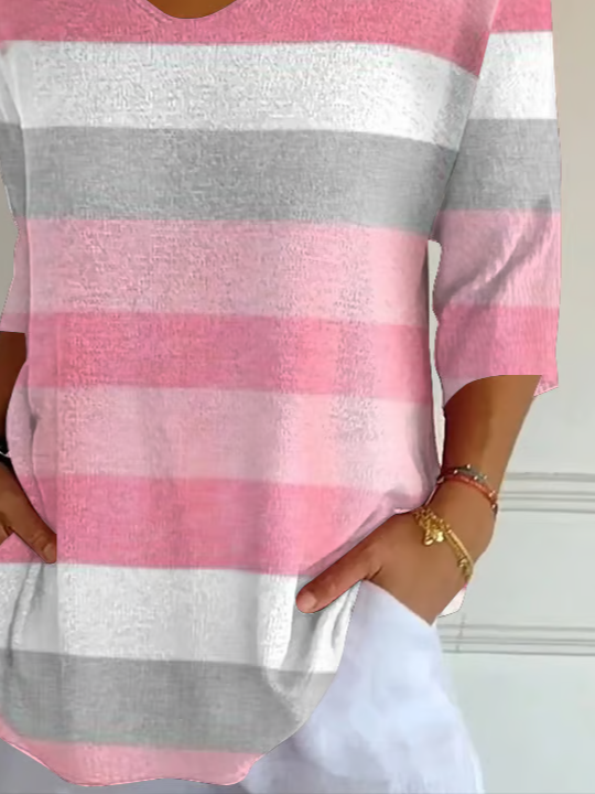 Casual Striped V Neck Three Quarter Sleeve T-shirt