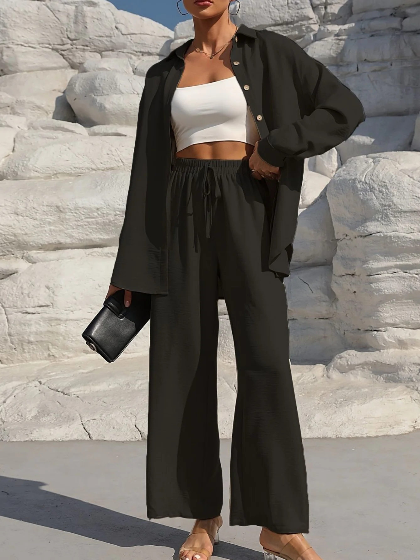 Women Plain Split Joint Two-Piece Set Daily Long Sleeve Casual Spring/Fall Top With Pants Matching Set