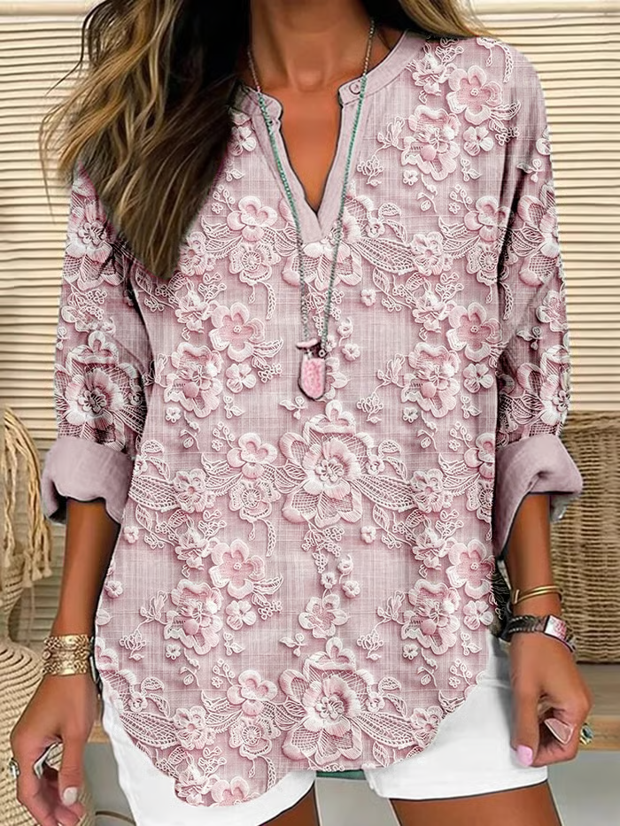 V Neck Long Sleeve Floral Printing Regular Loose Blouse For Women