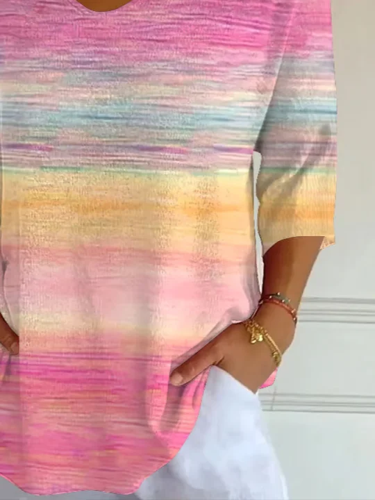 Casual Abstract V Neck Three Quarter Sleeve T-shirt