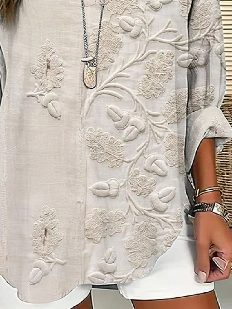 V Neck Long Sleeve 3D Floral Printing Regular Loose Blouse For Women