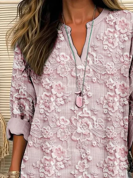 V Neck Long Sleeve Floral Printing Regular Loose Blouse For Women