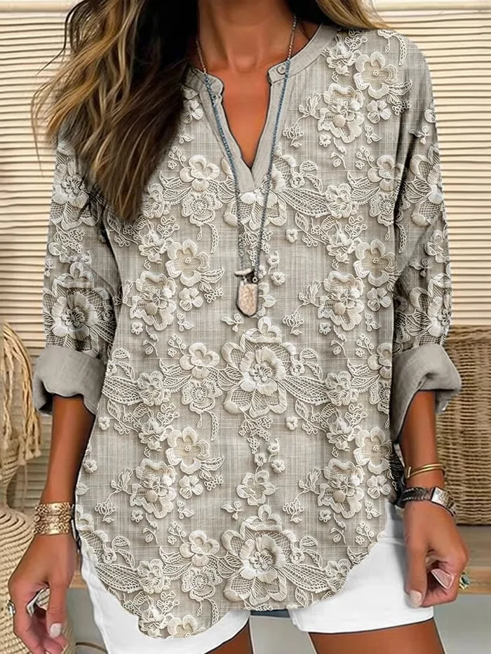 V Neck Long Sleeve Floral Printing Regular Loose Blouse For Women