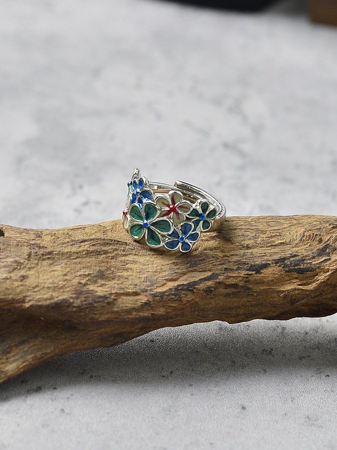 Exquisite Open Enamel Creative Retro Color Flower Ring Ethnic Style Classical Open Adjustable Ring