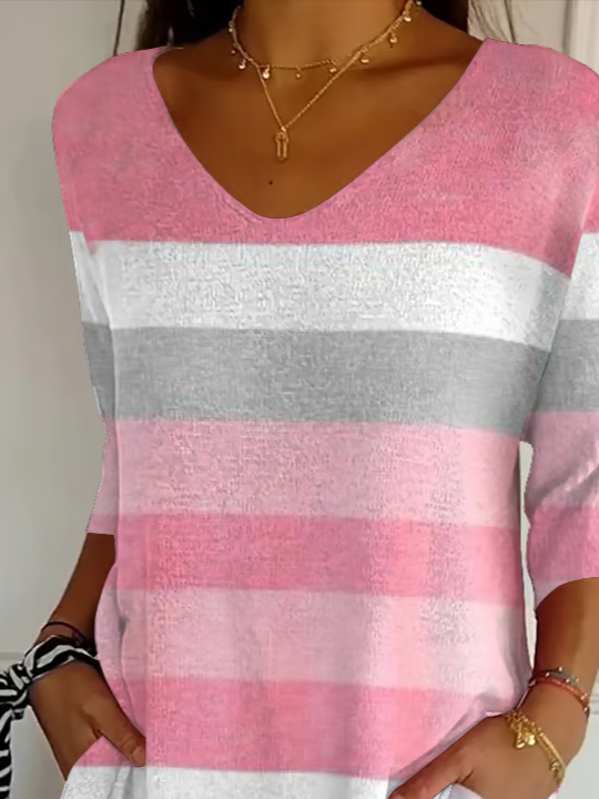 Casual Striped V Neck Three Quarter Sleeve T-shirt