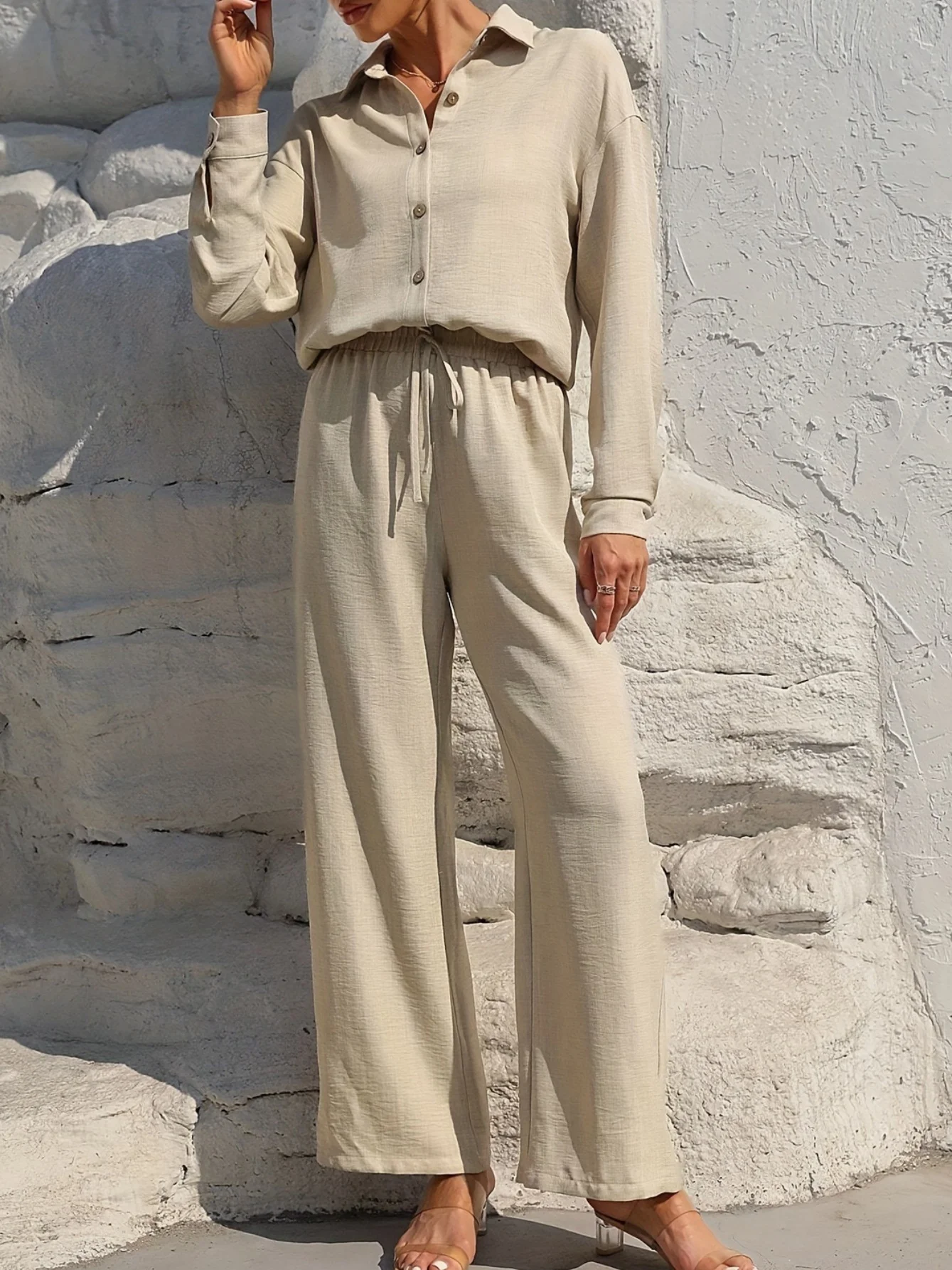 Women Plain Split Joint Two-Piece Set Daily Long Sleeve Casual Spring/Fall Top With Pants Matching Set