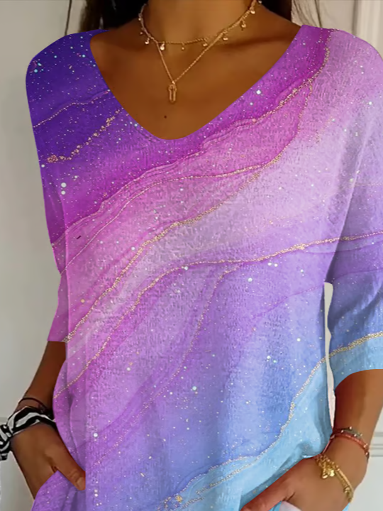 Casual Abstract V Neck Three Quarter Sleeve T-shirt