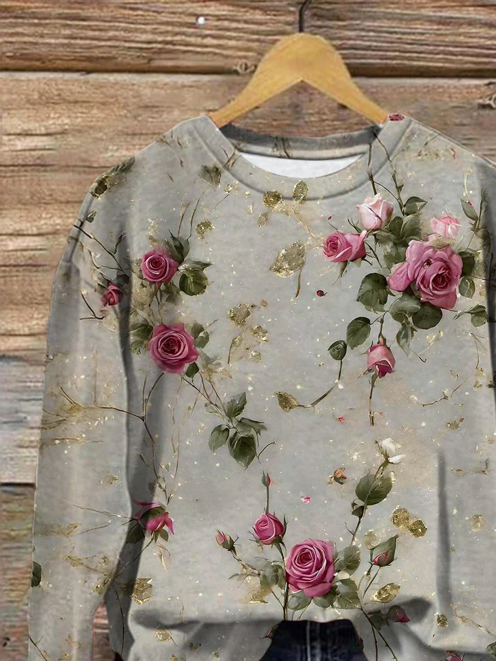 Casual Crew Neck Floral Sweatshirt Printing