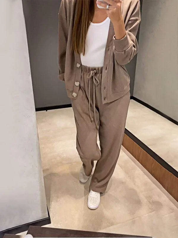 Women Plain Split Joint Two-Piece Set Daily Long Sleeve Casual Spring/Fall Top With Pants Matching Set