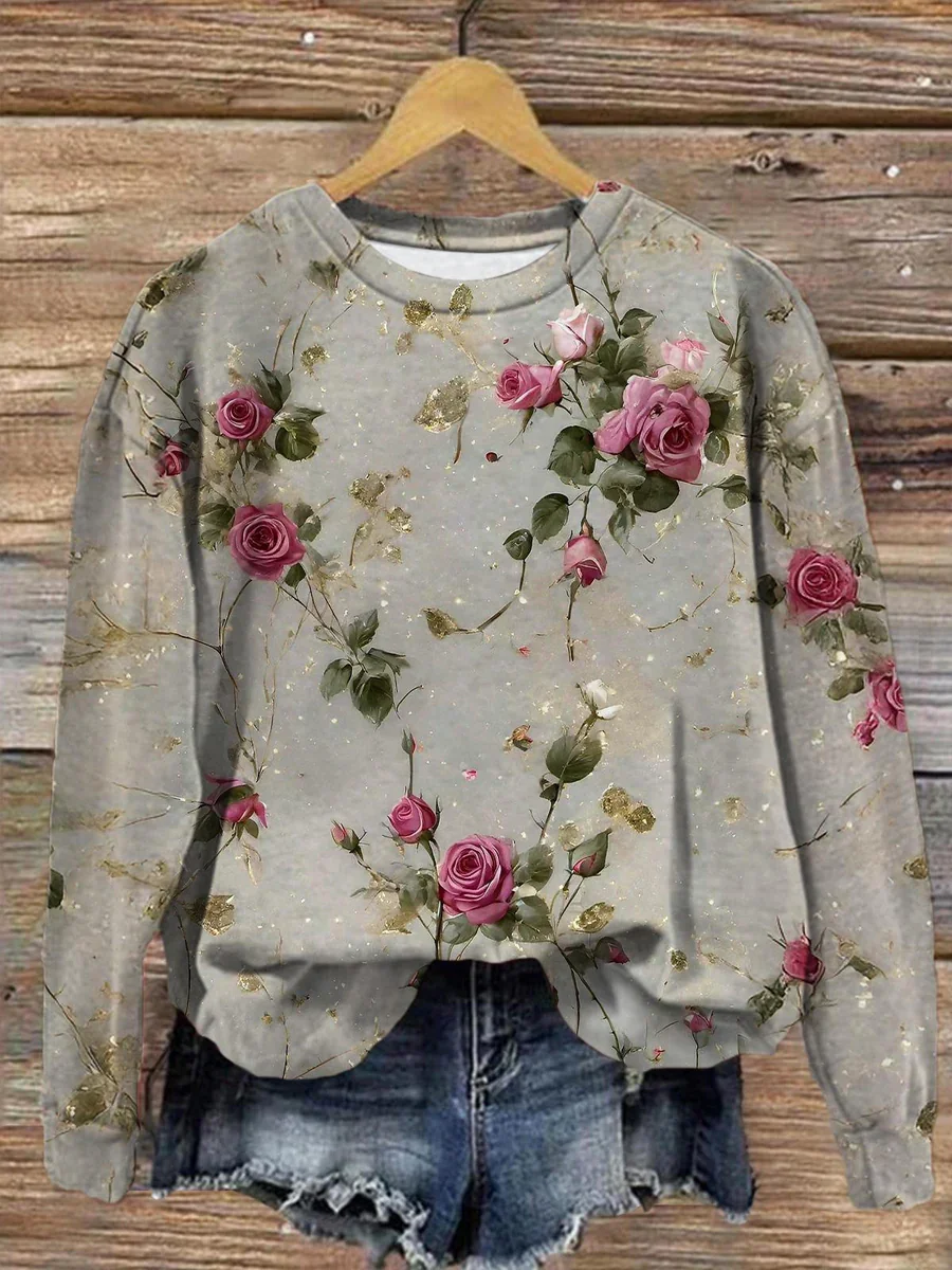 Casual Crew Neck Floral Sweatshirt Printing