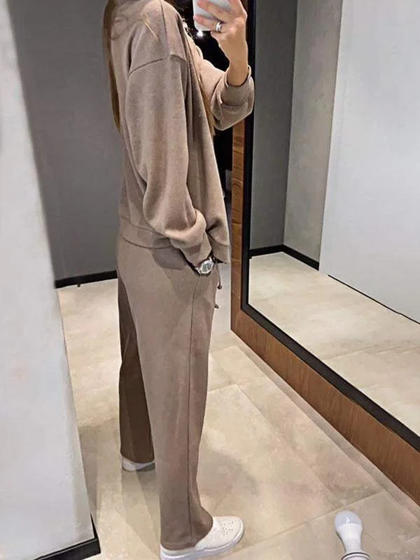 Women Plain Split Joint Two-Piece Set Daily Long Sleeve Casual Spring/Fall Top With Pants Matching Set