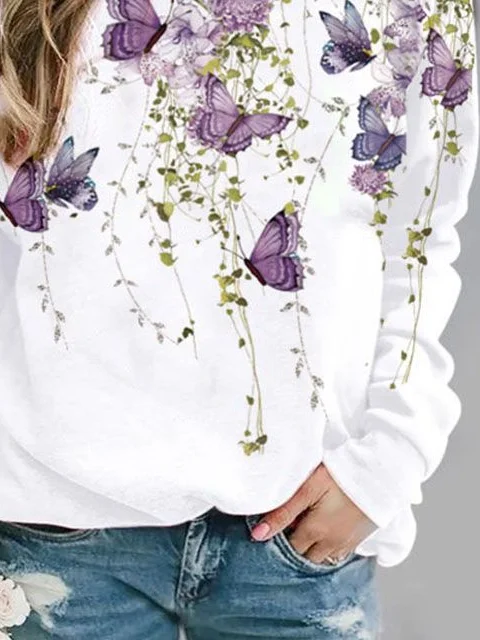 Casual Crew Neck Butterfly Sweatshirt Printing