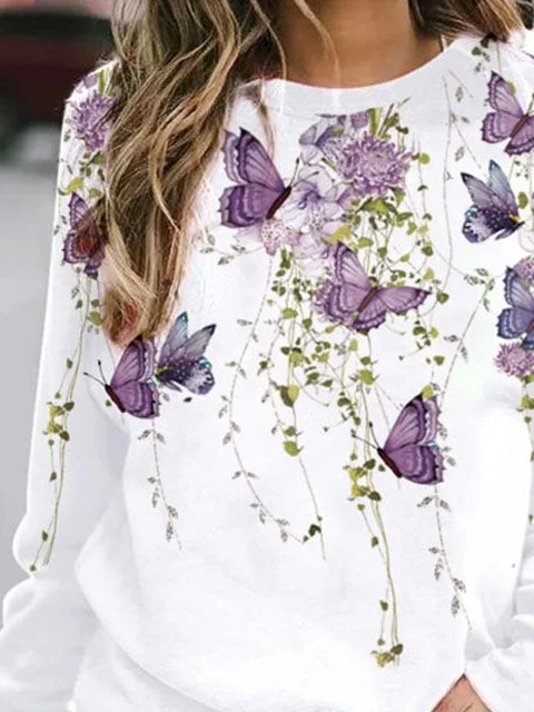 Casual Crew Neck Butterfly Sweatshirt Printing