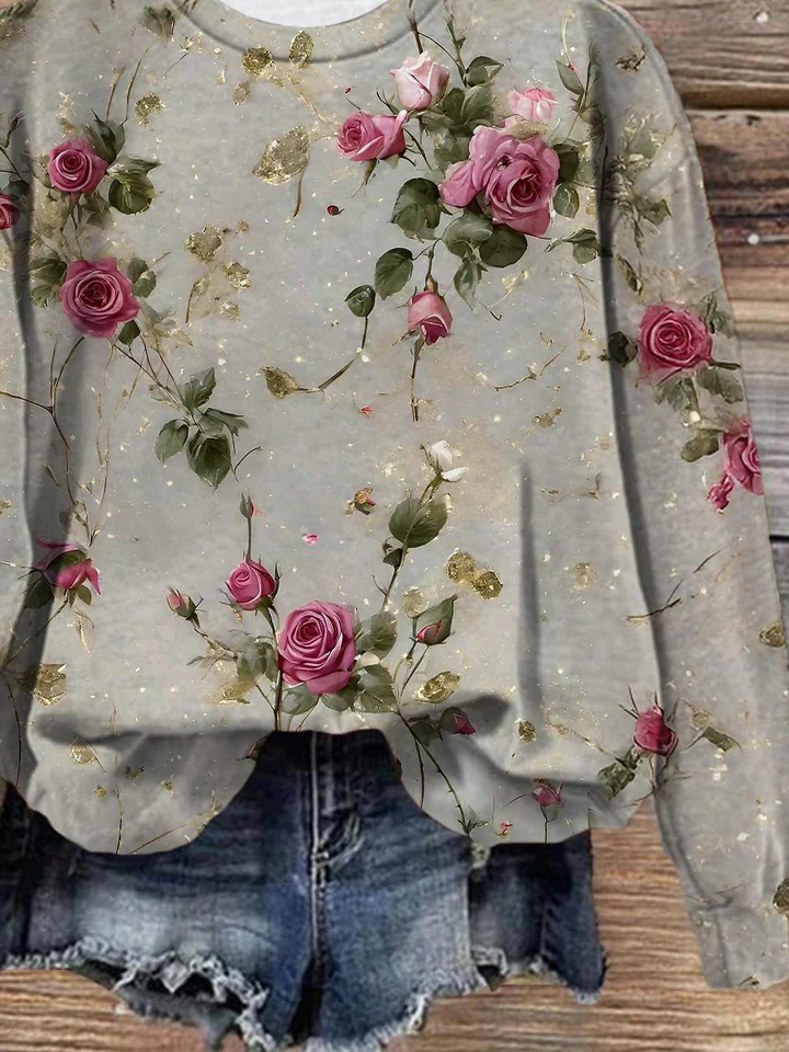 Casual Crew Neck Floral Sweatshirt Printing